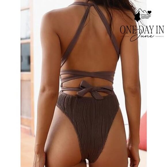 Zaful Deep V Tie Wrap One Piece Swimsuit Size M - Picture 2 of 6